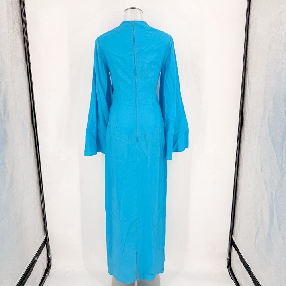 ASOS DESIGN high neck maxi dress with wrap waist and fluted sleeve in turquoise - Picture 9 of 12